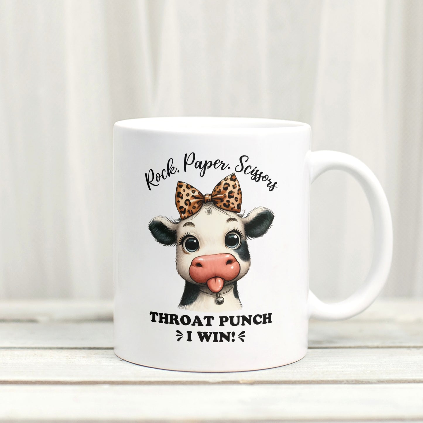 Rock Paper Scissors Throat Punch - Funny Cheeky Cow Mug