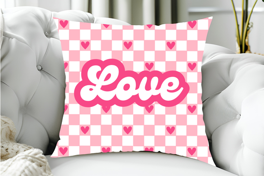 40x40cm LOVE  - Cute, Retro, Pink and White Chequered Cushion