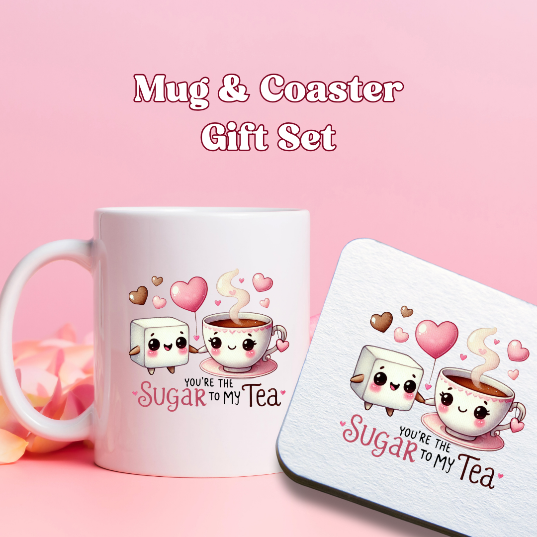 Cute, Kawaii Style "You're The Sugar To My Tea" Mug & Coaster Gift Set