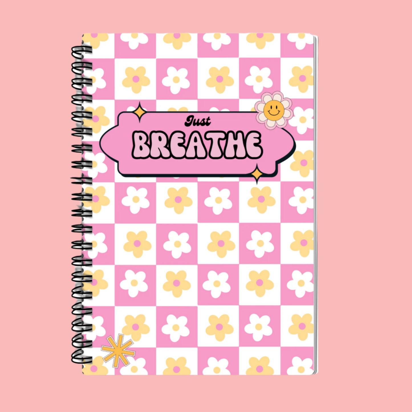 A5 Just Breathe Retro Notebook - Flower print, Spiral Bound