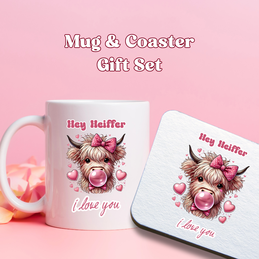 Cute Heiffer Illustration  "Hey Heiffer, I Love You" Mug & Coaster Gift Set