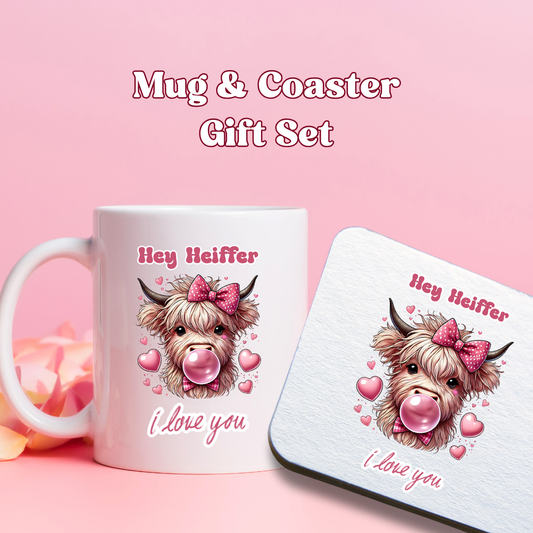 Cute Heiffer Illustration  "Hey Heiffer, I Love You" Mug & Coaster Gift Set