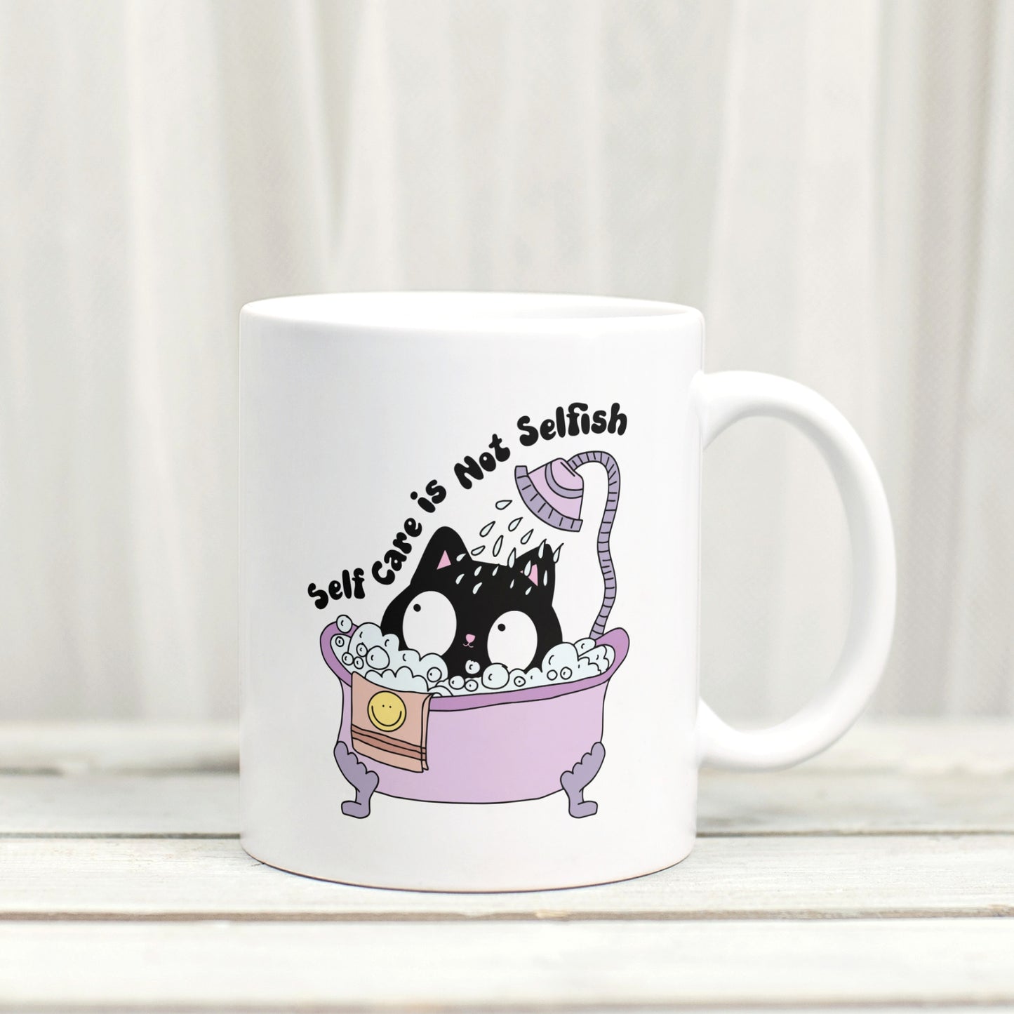 Self-Care is Not Selfish Cute Cat Mental Health Inspired Mug