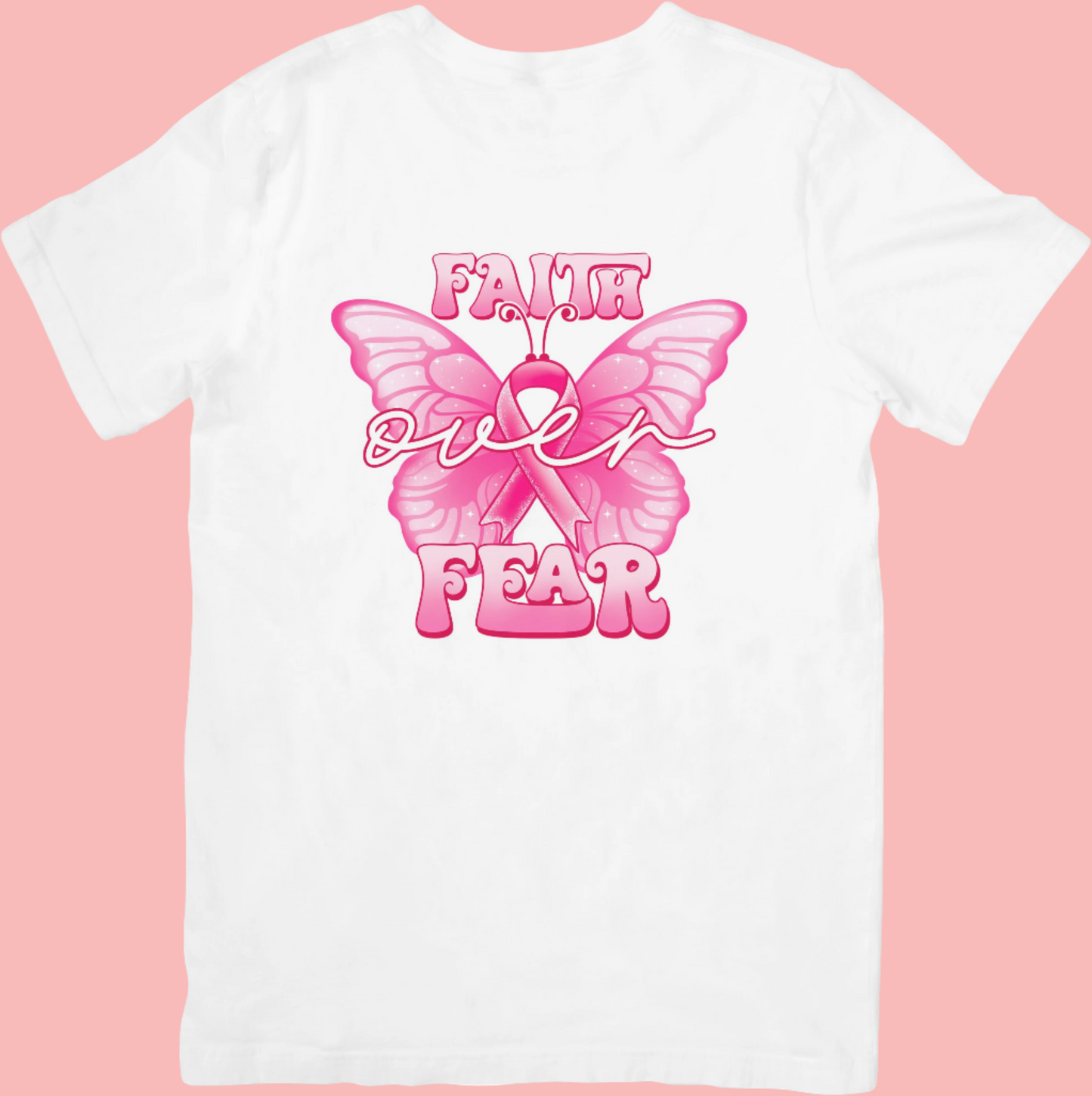 Faith Over Fear - Retro Cancer Awareness Women's Butterfly Crew Neck T-Shirt