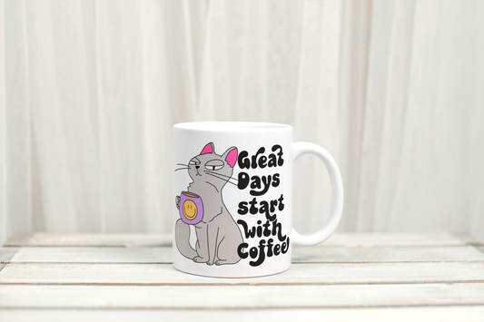 Great Days Start With Coffee Retro Cat Mug