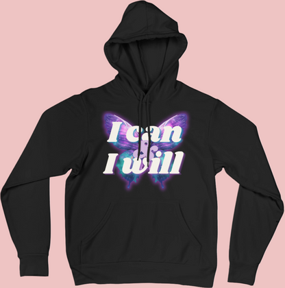 I Can & I Will - Women's Empowerment Butterfly Themed Hoodie Black