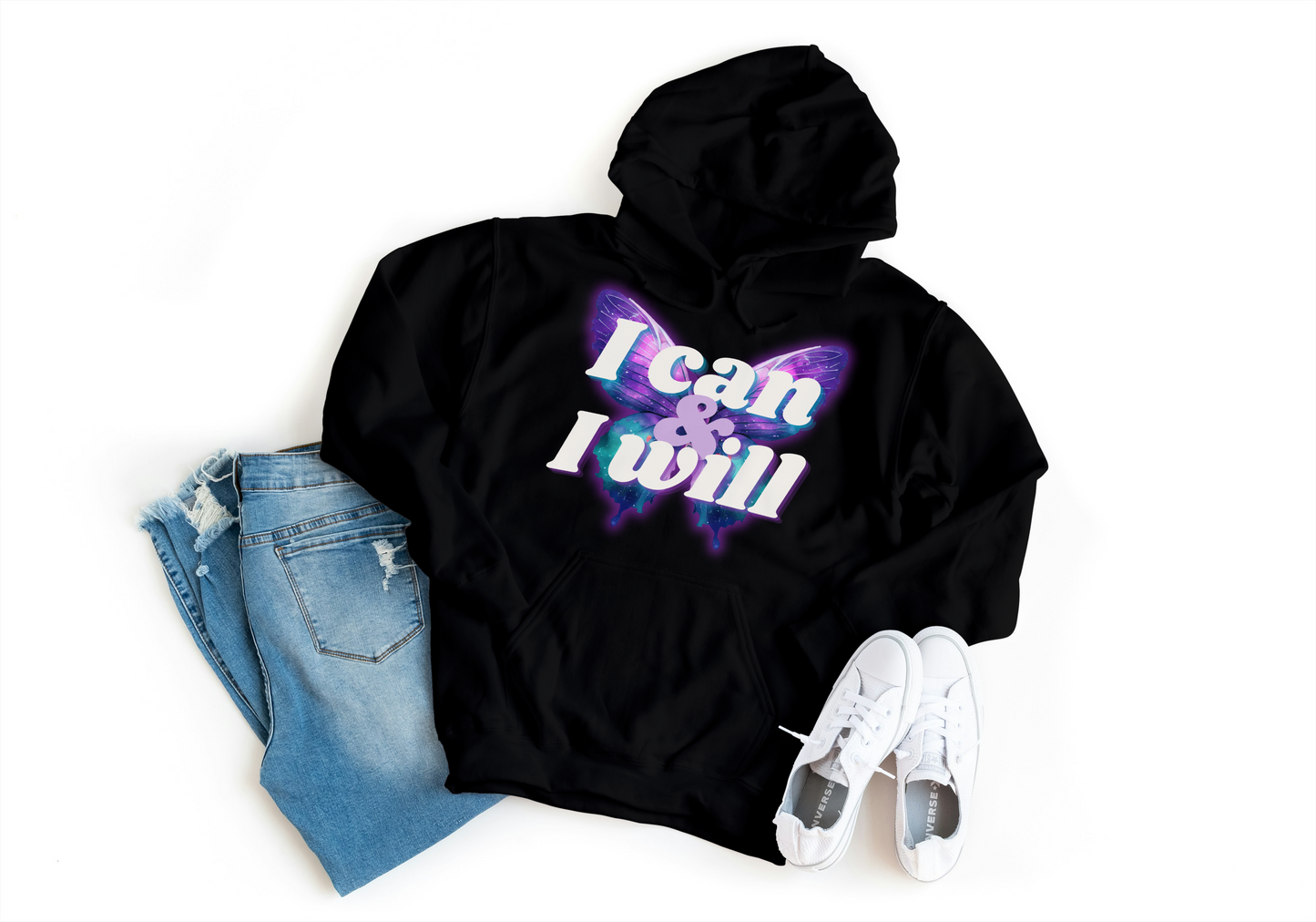 I Can & I Will - Women's Empowerment Butterfly Themed Hoodie Black