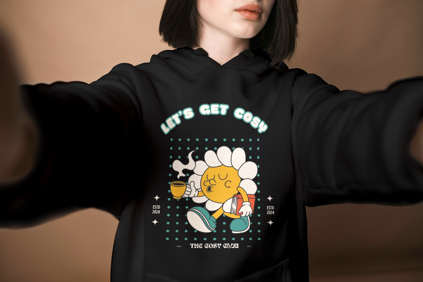 Let's Get Cosy - Winter, Seasonal Hoodie. Cute Retro Flower