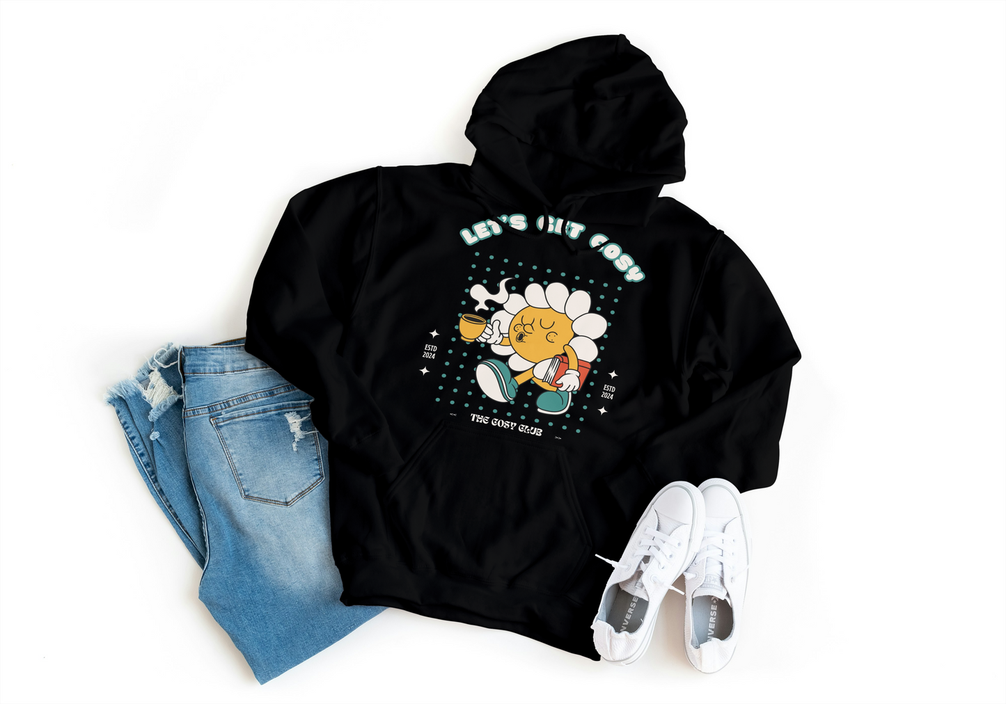 Let's Get Cosy - Winter, Seasonal Hoodie. Cute Retro Flower