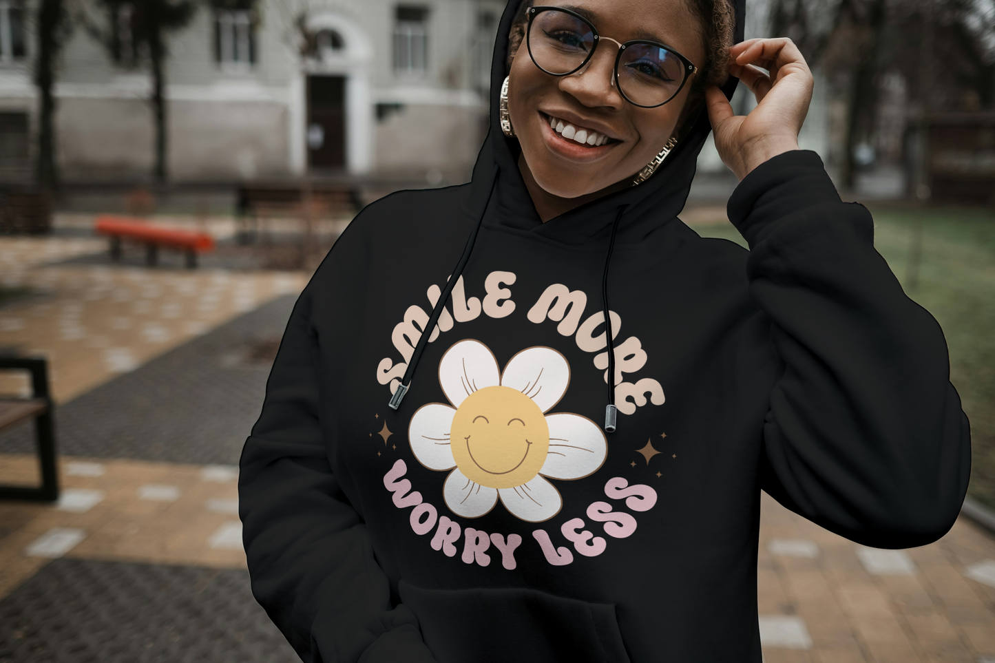 Smile More. Worry Less Cute Retro Flower Mental Health Inspired Hoodie