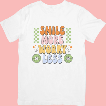 Smile More Worry Less - Retro Mental Health Inspired Crew Neck T-Shirt