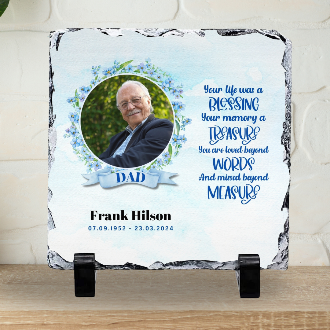 19x19cm Personalised Memorial Photograph Slate Decor Blue Background