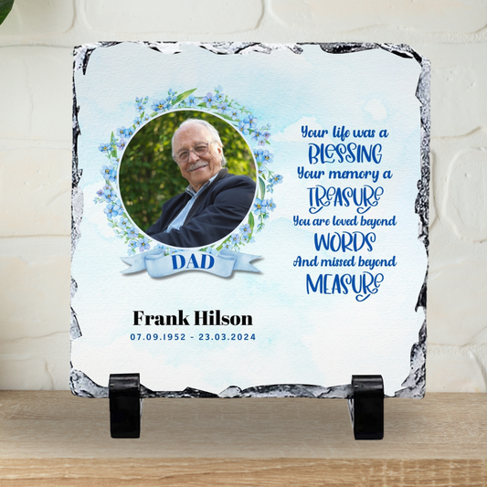 19x19cm Personalised Memorial Photograph Slate Decor Blue Background