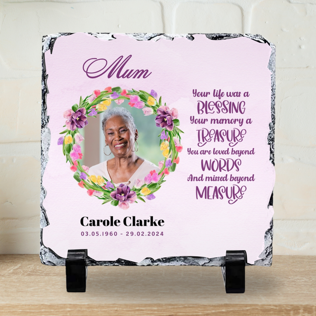 19x19cm Personalised Memorial Photograph Slate Decor - Pink Background