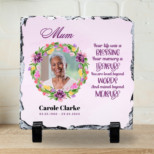 19x19cm Personalised Memorial Photograph Slate Decor - Pink Background