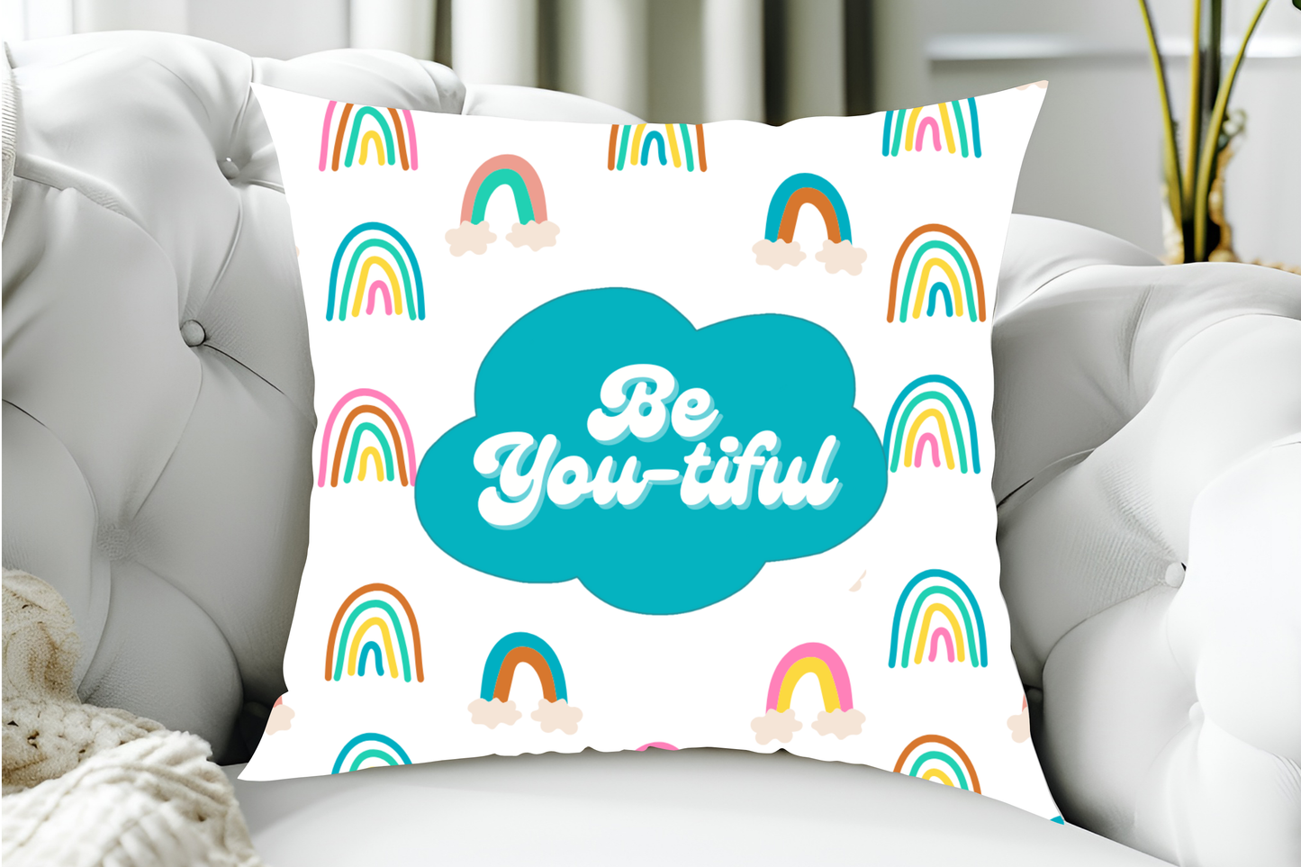 40x40cm Be You-tiful  - Cute, Colourful, Boho Rainbows, Mental Health Inspired Cushion